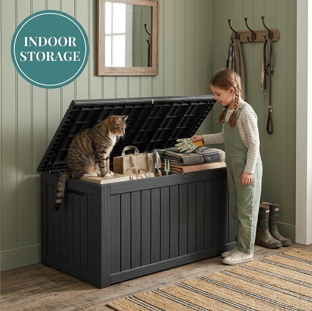 320 gallon extra-large outdoor storage box, waterproof lockable on a desk or shelf