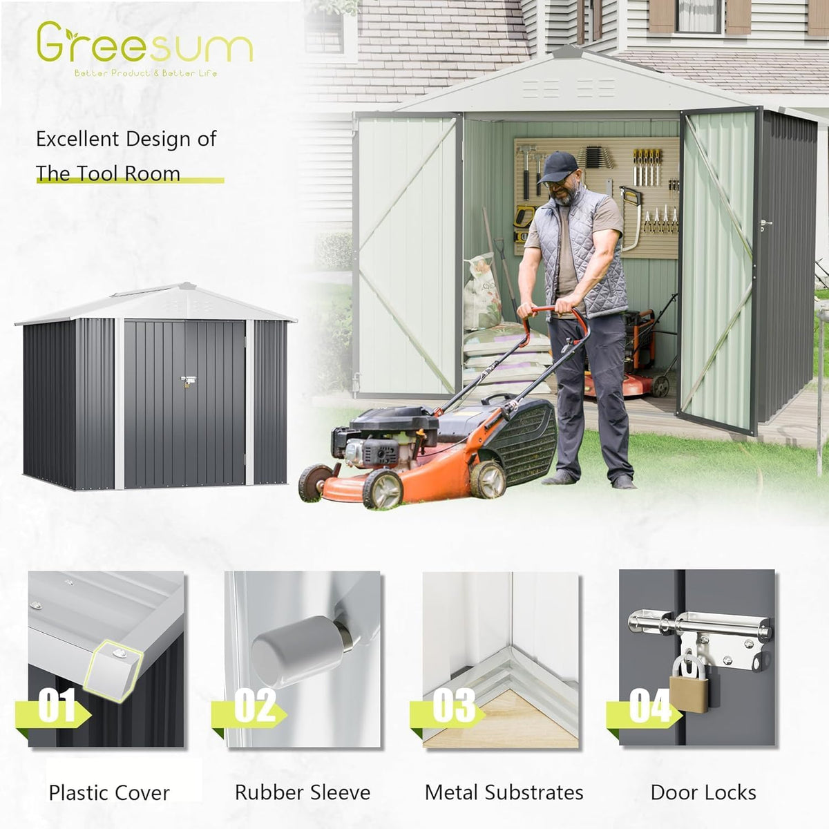 greesum 8x6ft outdoor storage shed, gray, package contents