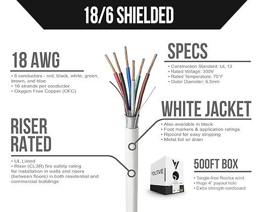 Voltive 18/6 Shielded Low Voltage Wire, Riser CL3R, 500ft