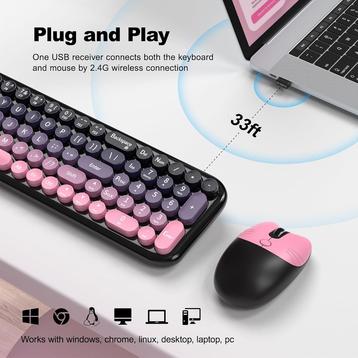 MOFII Wireless Keyboard and Mouse Combo, Compact Typewriter Retro Round Computer Keyboard and Mouse Set, Plug and Play, for Windows, Computer, Desktop, PC, Notebook - (Plum Pink Gradient)