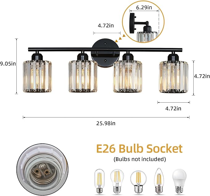FDPBY Modern 4 Light Crystal Vanity Light, Plating Black Vertical Bathroom