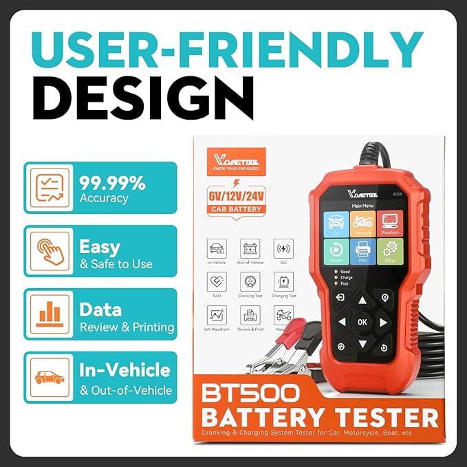 Car Battery Tester 6V 12V 24V VDIAGTOOL BT500, 5-3000 CCA Battery Load Tester