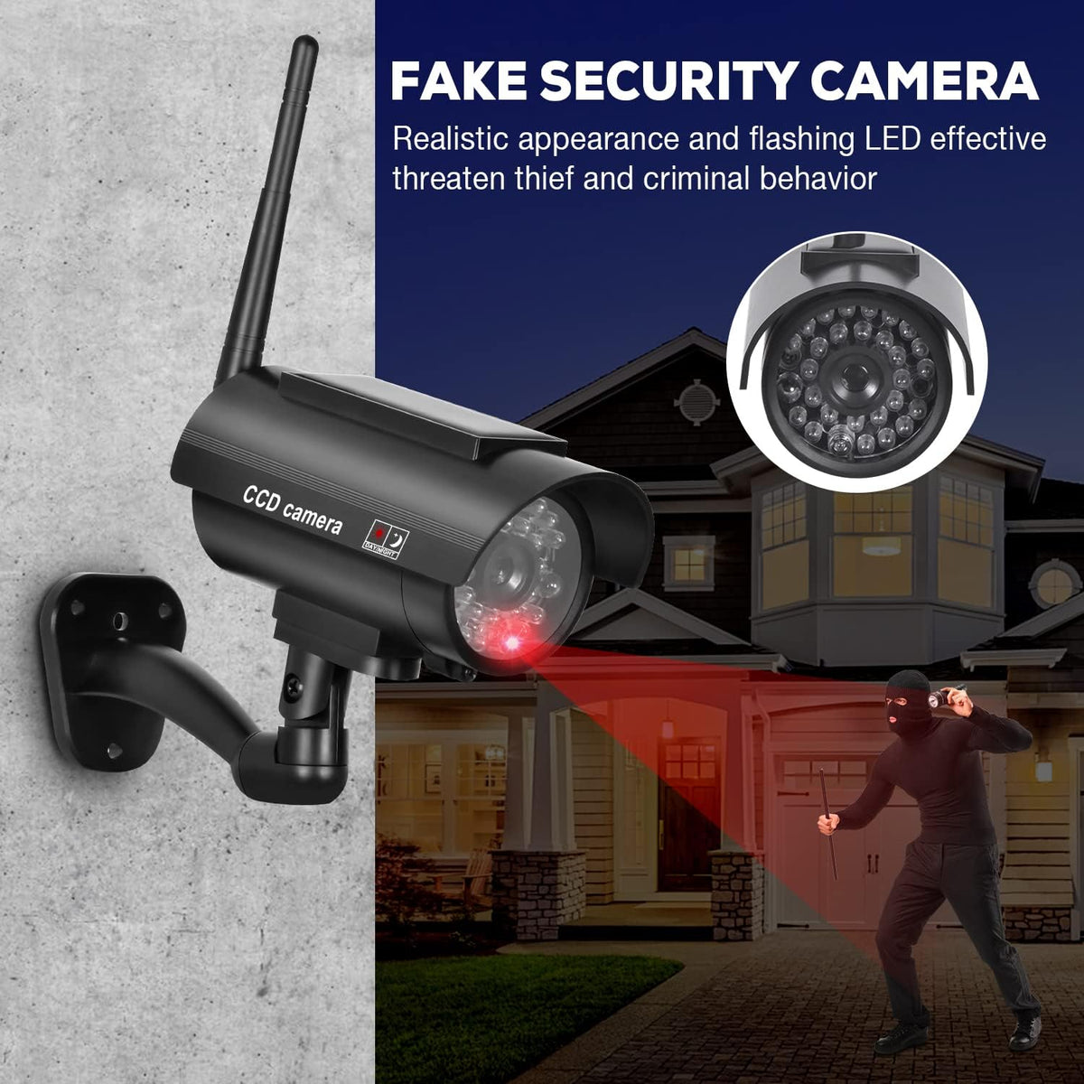 BNT Solar Powered Fake Security Camera, Bullet Dummy Security Camera Simulated Surveillance System with Realistic Red Flashing Light Sensor and Warning Sticker for Indoor/Outdoor(2Pack, Black)