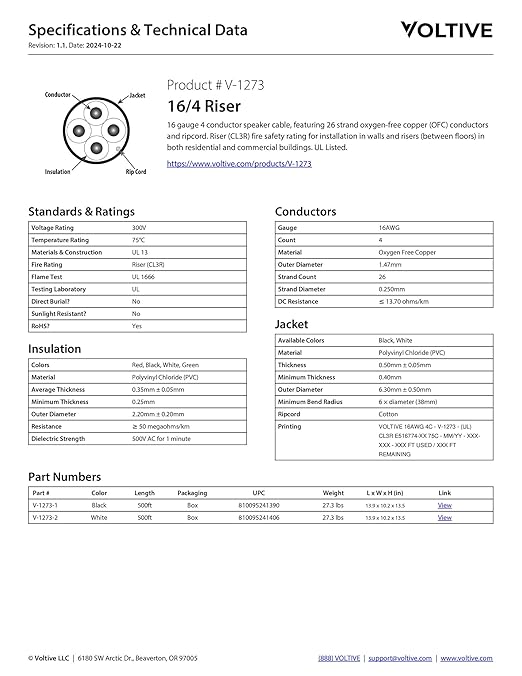 Voltive 16/4 Speaker Wire, Riser CL3R, 500ft