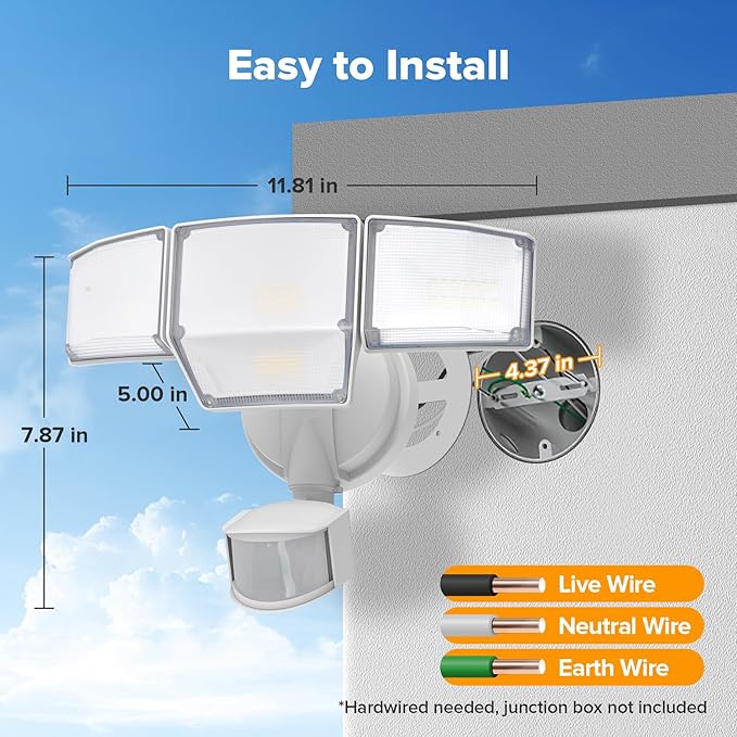 LUTEC 80W 9000LM LED Security Light Hardwire Motion Sensor Outdoor Lights