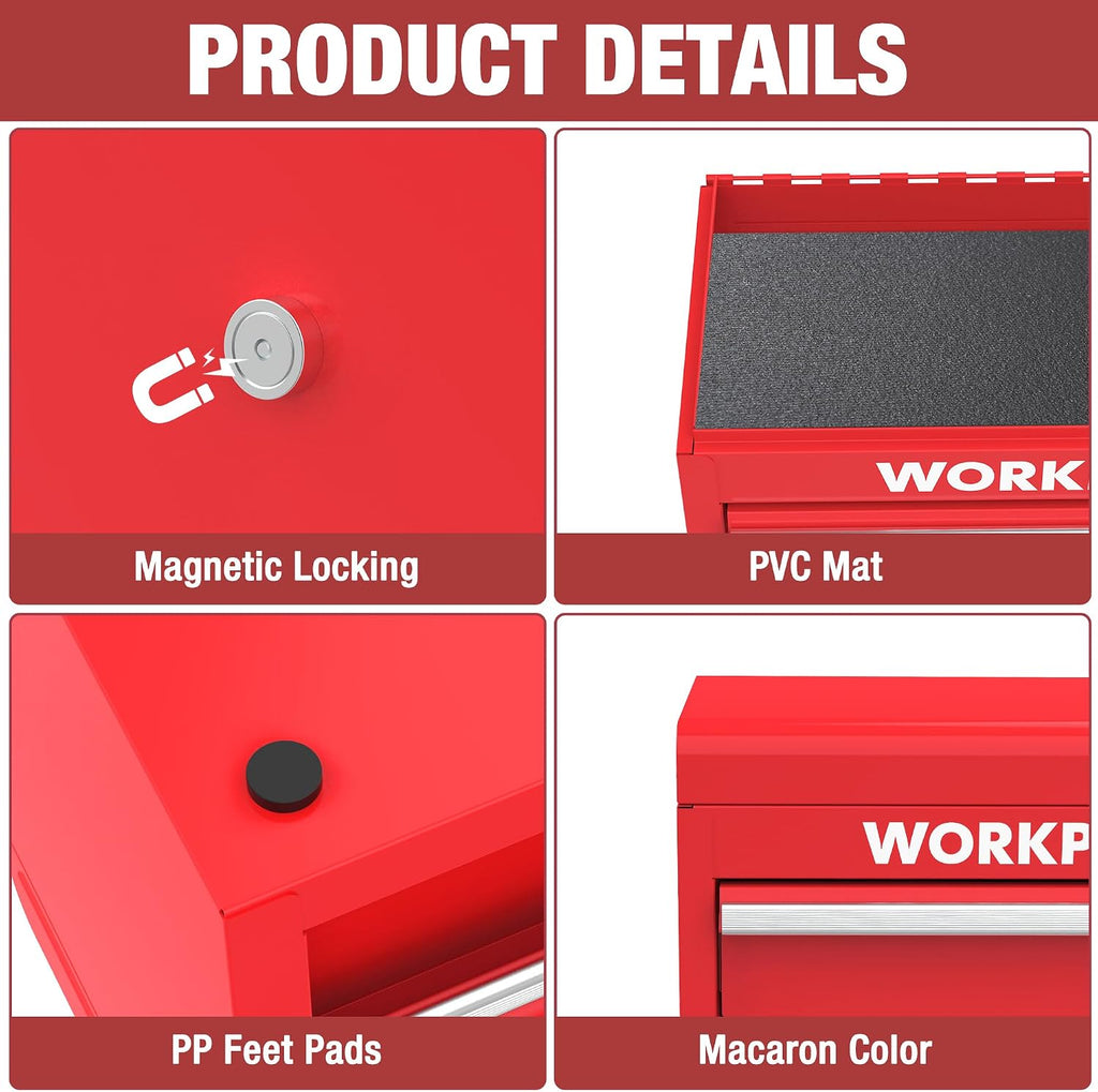 WORKPRO Mini Metal Tool Box with 2 Drawers and Top Storage