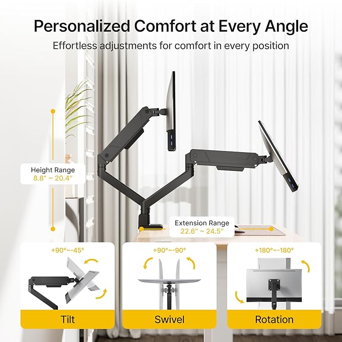monTEK Dual Monitor Mount with USB Monitor Arms