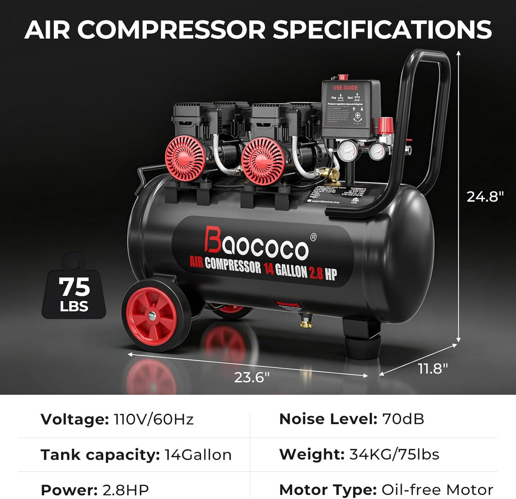 14Gallon Ultra Quiet Air Compressor with Two Quick Couplers 2.8HP