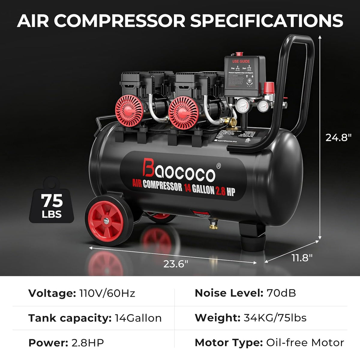 14Gallon Ultra Quiet Air Compressor with Two Quick Couplers 2.8HP