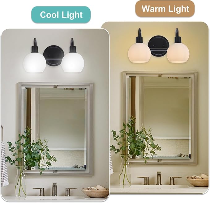 WINSHEN 2-Light Black Bathroom Light Fixture, Milk White Globe Wall Sconce Lamp