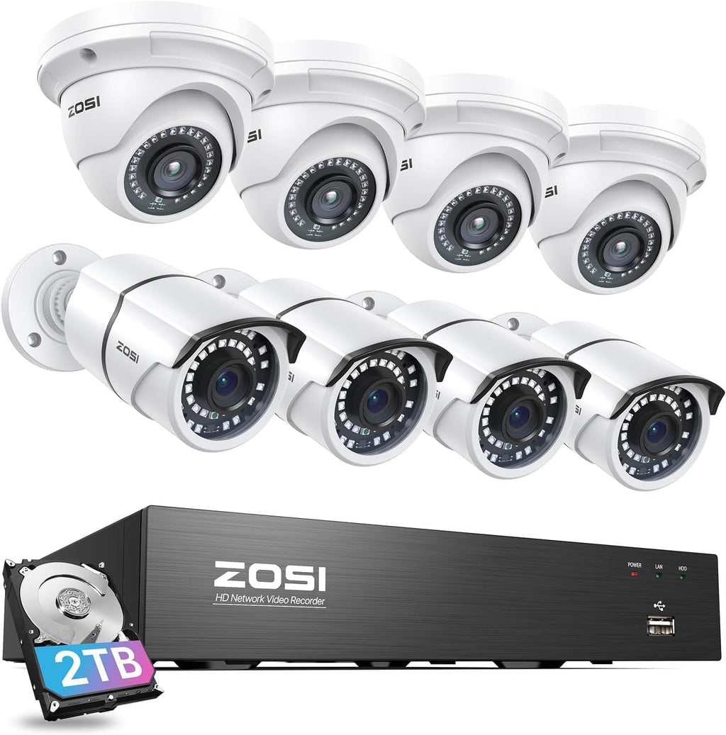 ZOSI 4K PoE Security Camera System, 8pcs 5MP Metal Cameras with 2TB HDD