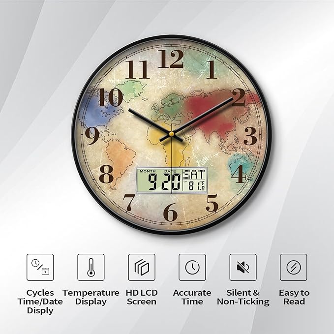 Modern Round Retro Digital and Analog Wall Clock Silent Calendar Colorful World