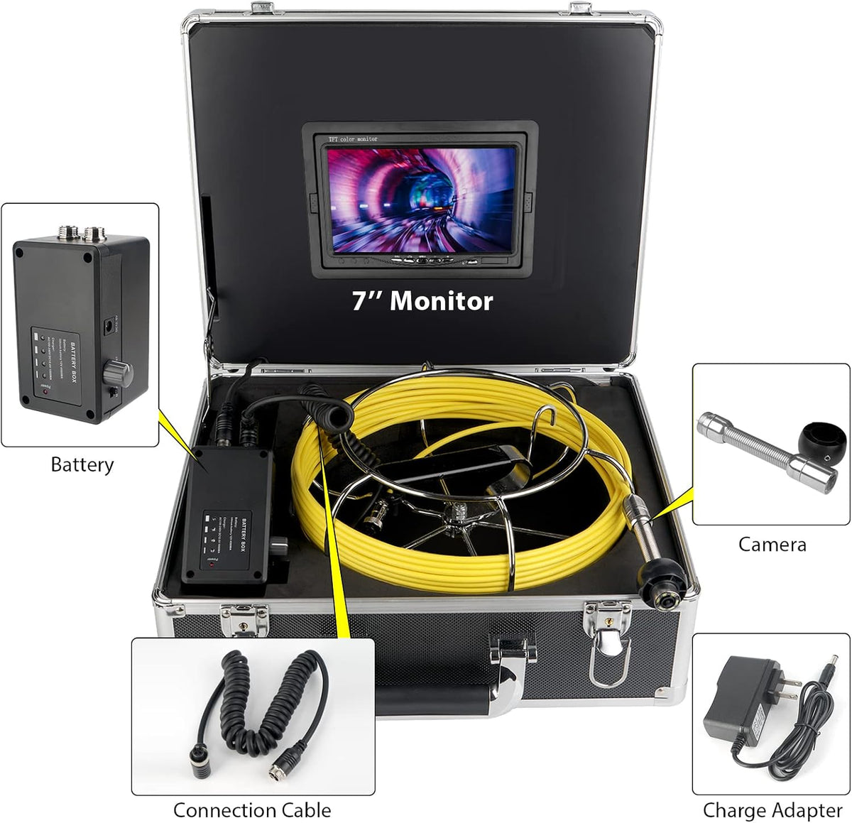 sewer camera 7″ monitor plumbing snake pipe inspection on a desk or shelf