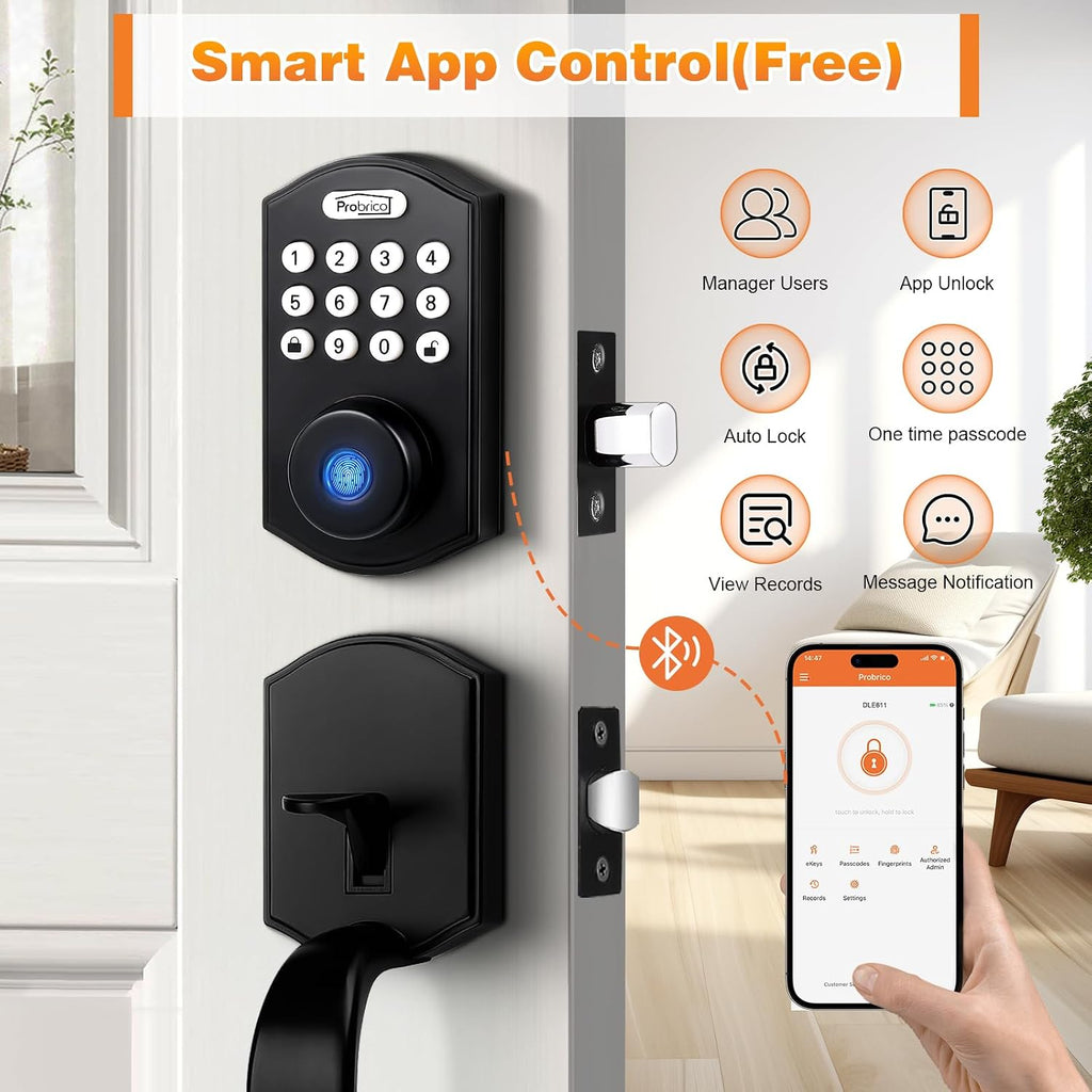 Probrico Smart Keyless Entry Door Lock Smart Locks for Front Door, Keypad Door Lock with Handle Fingerprint Deadbolt with Handle