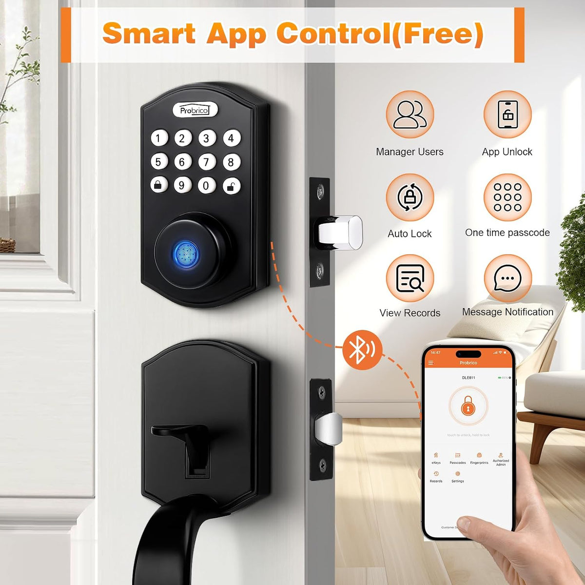 Probrico Smart Keyless Entry Door Lock Smart Locks for Front Door, Keypad Door Lock with Handle Fingerprint Deadbolt with Handle