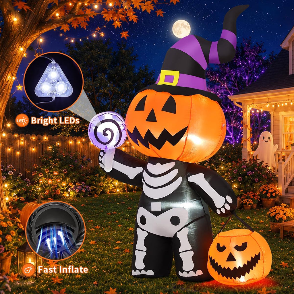 GOOSH 6 FT Halloween Inflatable Pumpkin Skull Body Outdoor Decorations Blow Up Yard Pumpkin with Built-in LEDs for Garden Lawn Party Decor