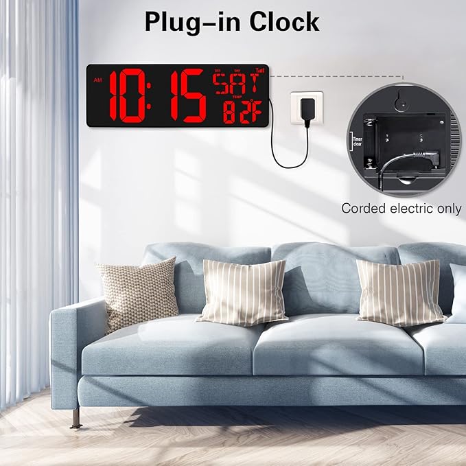 XREXS Large Digital Wall Clock WiFi Sync, 16.5 in Large Display Wall Clock