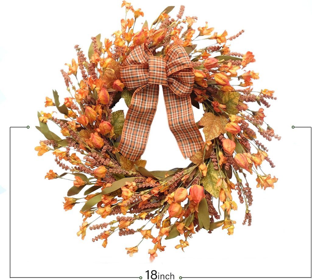 Idyllic 18 Inches Artificial Fall Wreath, Autumn Decoration with Berries & Leaves, Thanksgiving Harvest Front Door Wreath for Home Farmhouse Halloween Thanksgiving Day Festival Celebration Decor