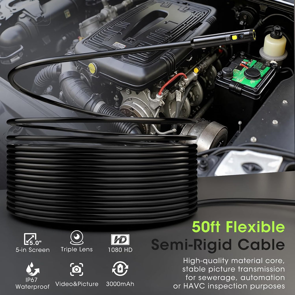 epicmate 50ft triple lens inspection camera,5”ips screen endoscope on a desk or shelf
