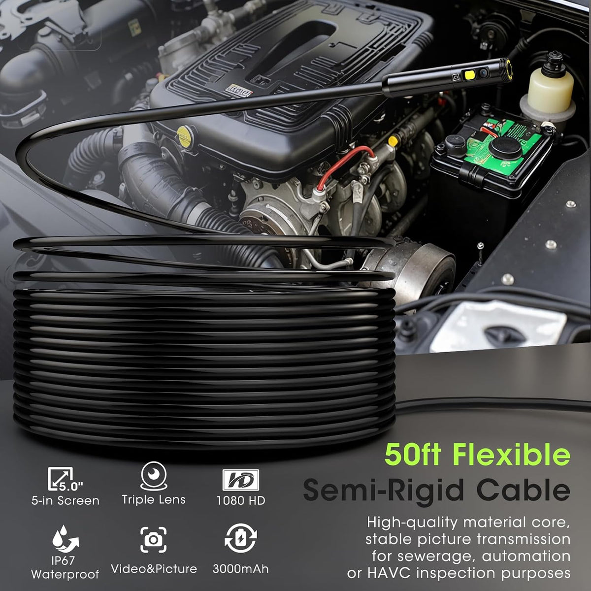 epicmate 50ft triple lens inspection camera,5”ips screen endoscope on a desk or shelf