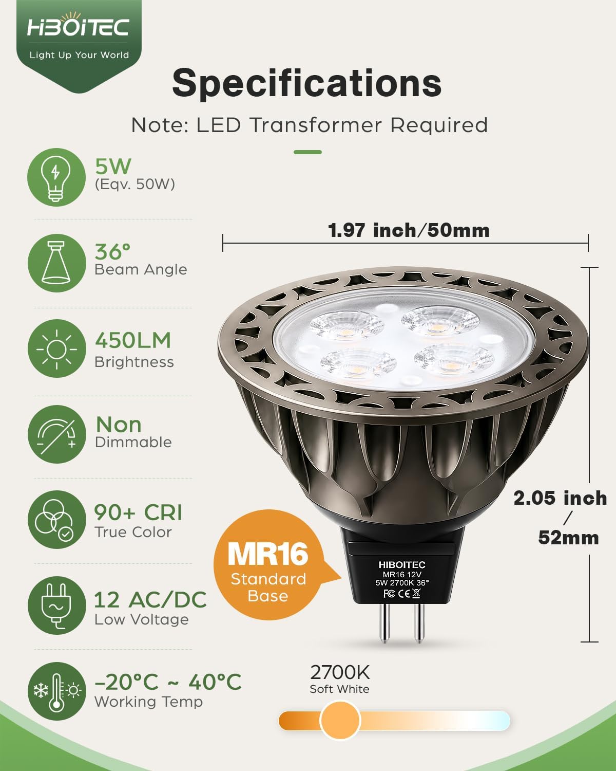 hiboitec 5w mr16 led bulb 2700k warm white shown in use