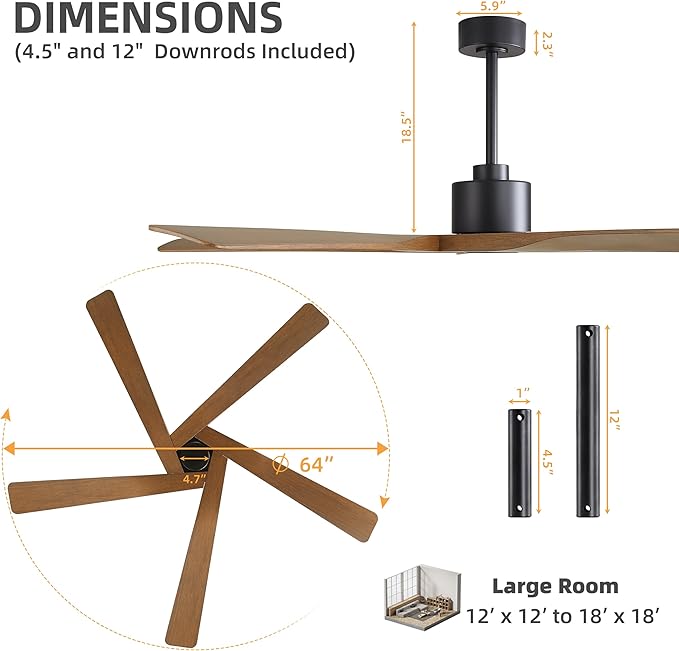WINGBO 64" ABS DC Ceiling Fan No Light, 5 Blade ABS Plastic Ceiling Fan
