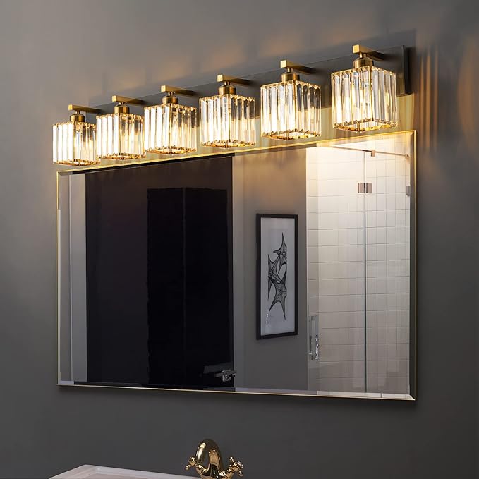 FDPBY Modern Bathroom Vanity Light 6-Lights Black Gold Crystal Bathroom Wall