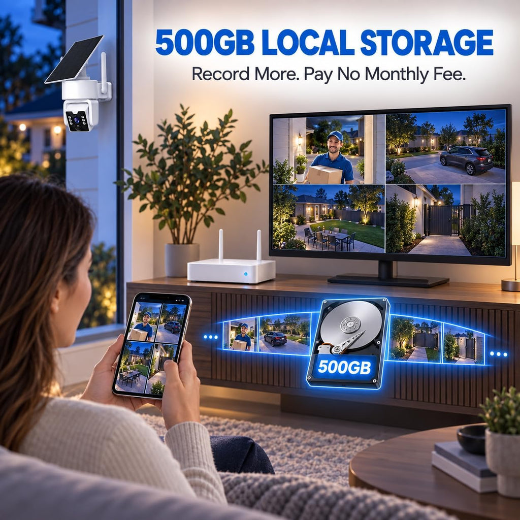 Security Cameras Wireless Outdoor, No Subscription 500GB Local Storage, Solar Powered Cameras For Home Security, PTZ Auto Tracking, 4Cam-Kit, Color Night Vision Home Security Camera System,5G/2.4G