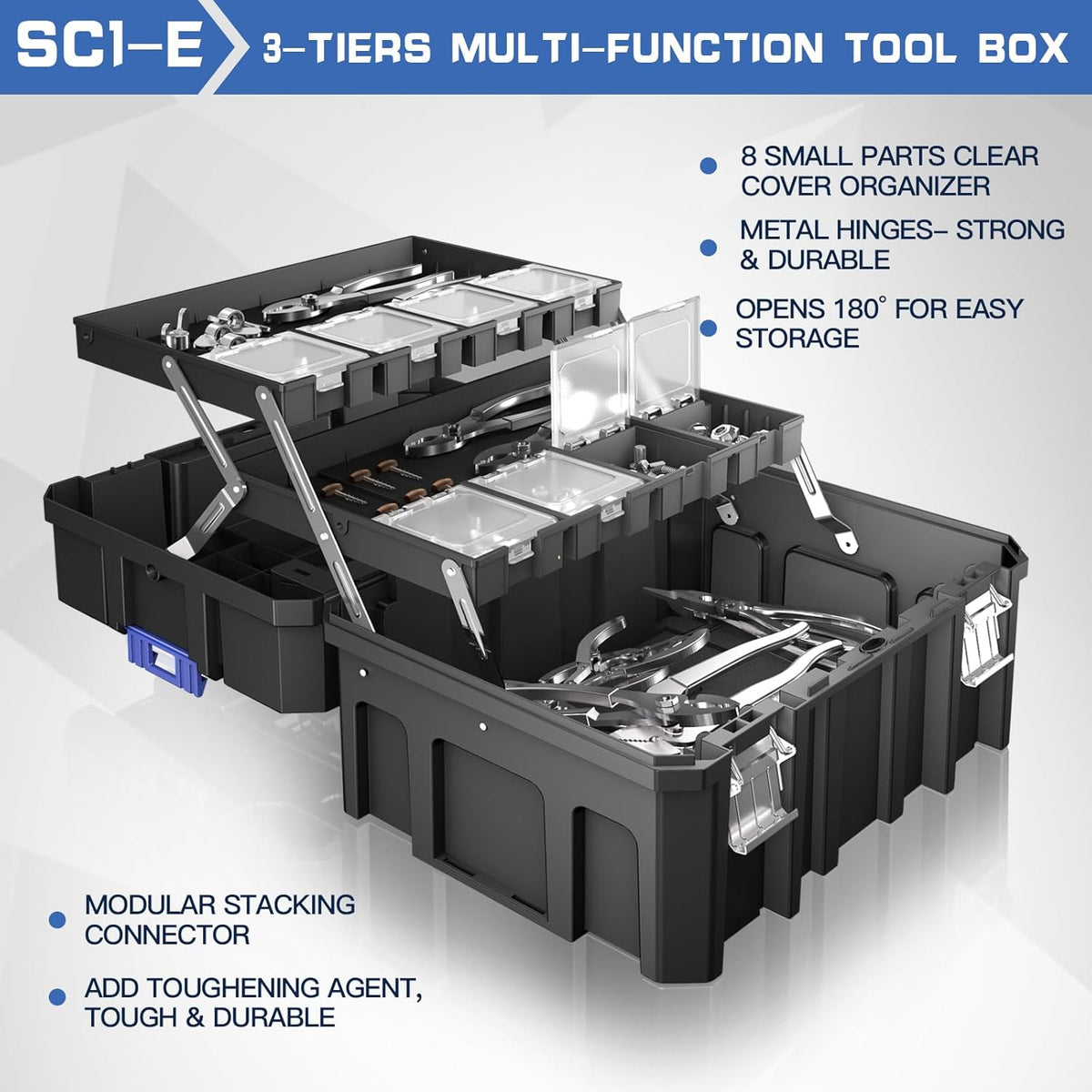 airaj 5 tier stackable tool box with wheels showing dimensions