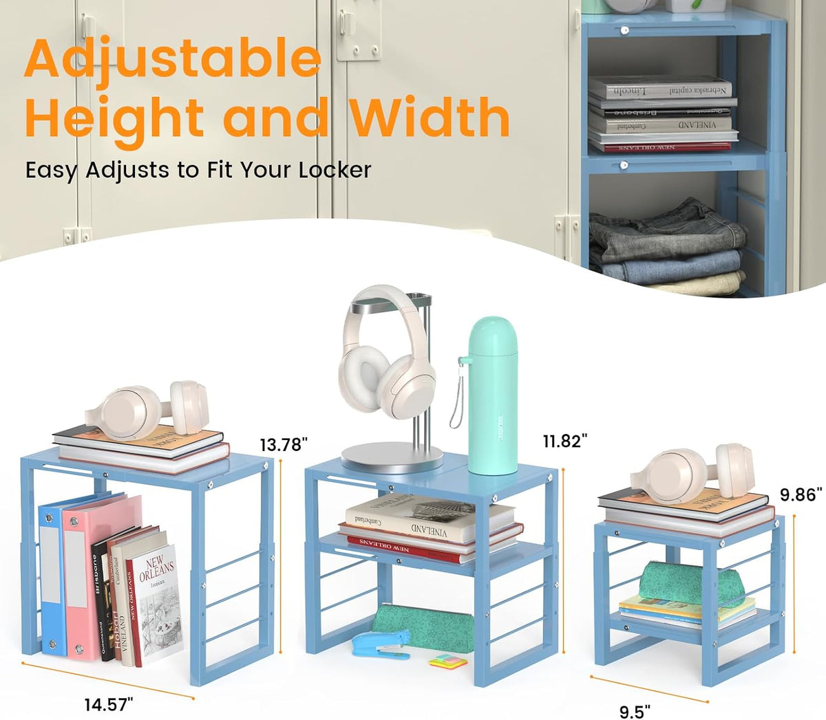 lidtop locker shelf blue, adjustable width and height on a desk or shelf