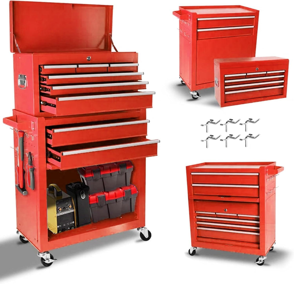 8 Drawers Rolling Tool Chest, 2-in-1 Detachable Metal Tool Storage Cabinet with Wheels, Lockable Tool Cart with Hooks for Garage, Workshop or Salon Use, Red