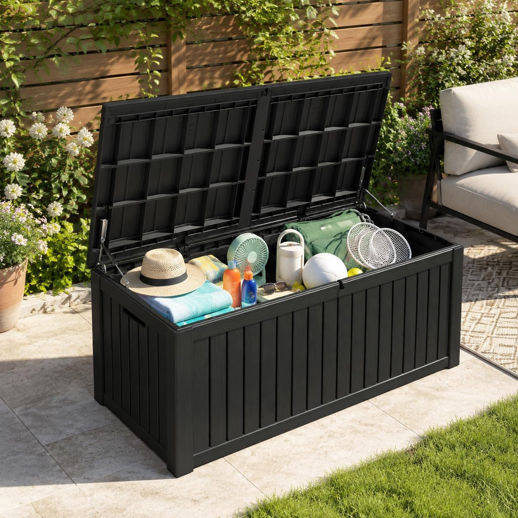 waterproof outdoor storage box, resin patio organizer,200 gal,black, side view
