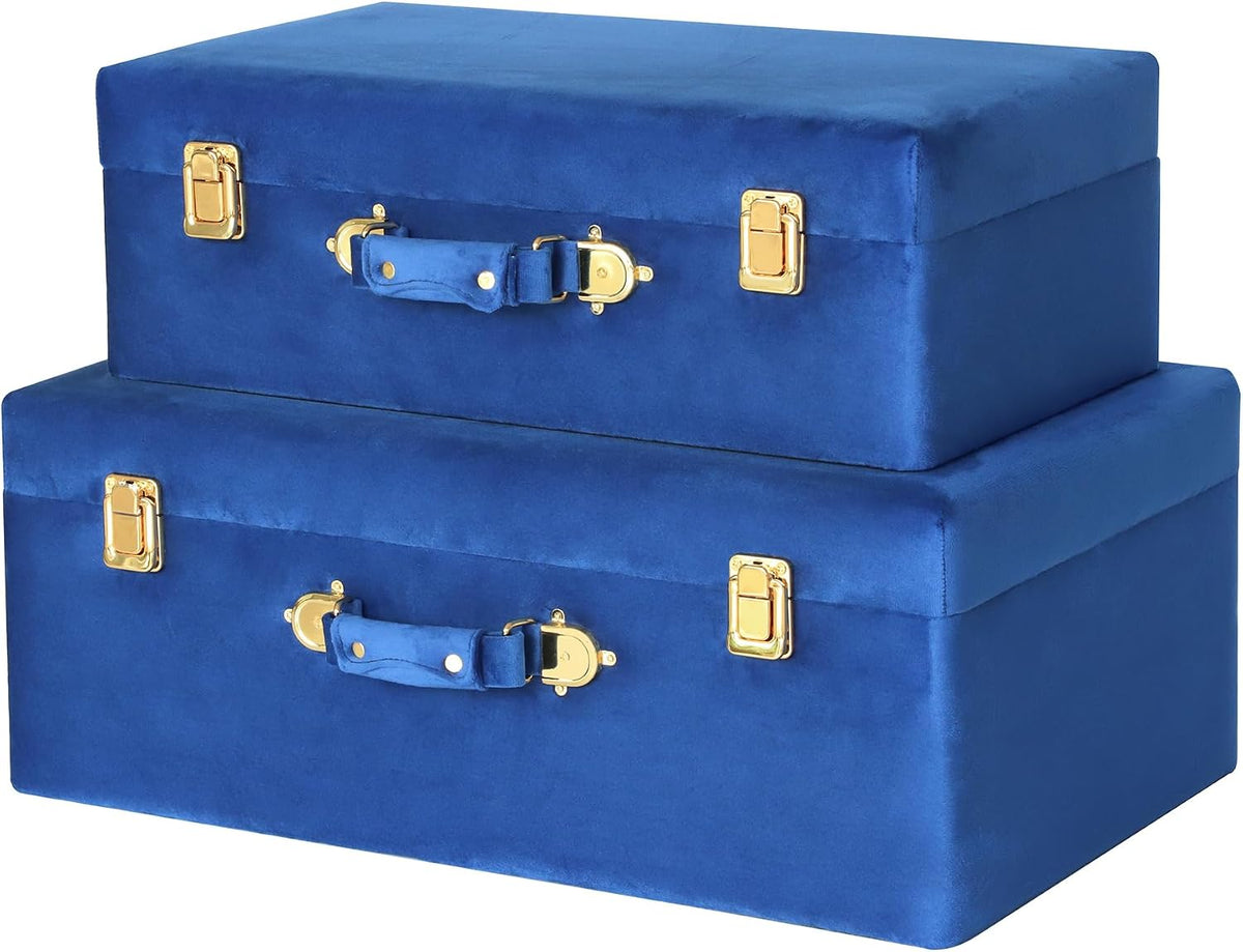 HofferRuffer Velvet Storage Trunks with Wood Frame, Set of 2 Storage Chests with Handles, Bedroom Organizer Nesting Upholstered Decorative Boxes Hinged Lid with Gold Hardware Accents (Blue Trunks)