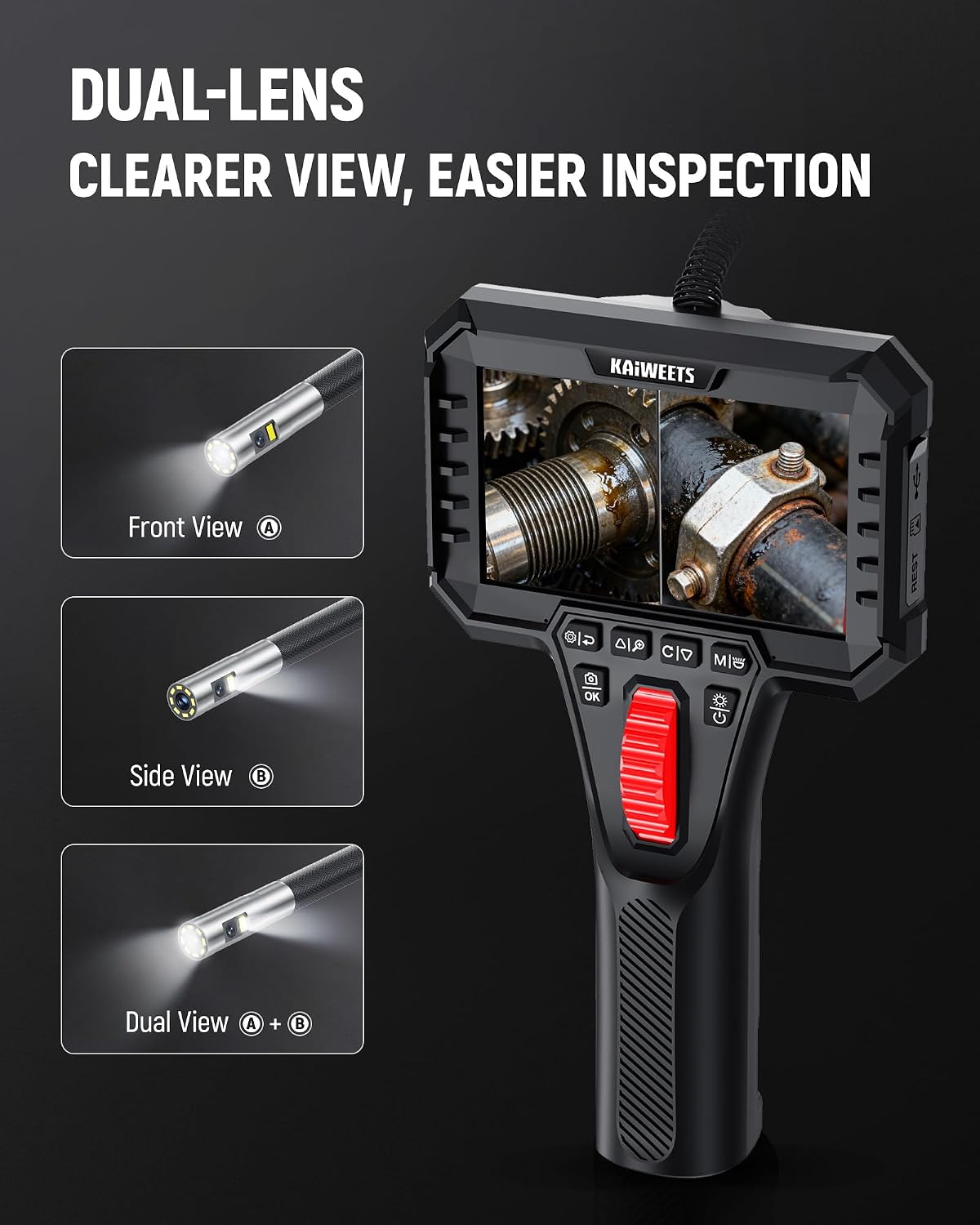 dual lens two-way articulating borescope camera with light shown in use