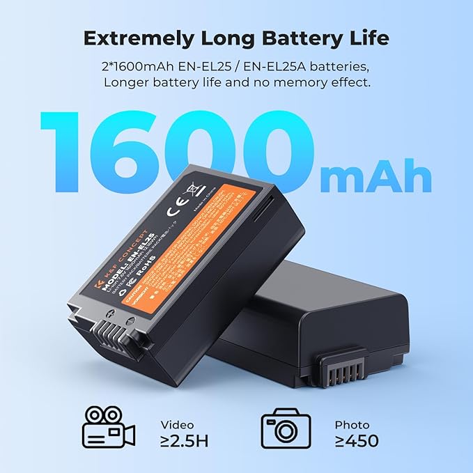 K&F CONCEPT 1600mAh EN-EL25 Battery 2-Pack EN-EL25A Battery and Dual LCD