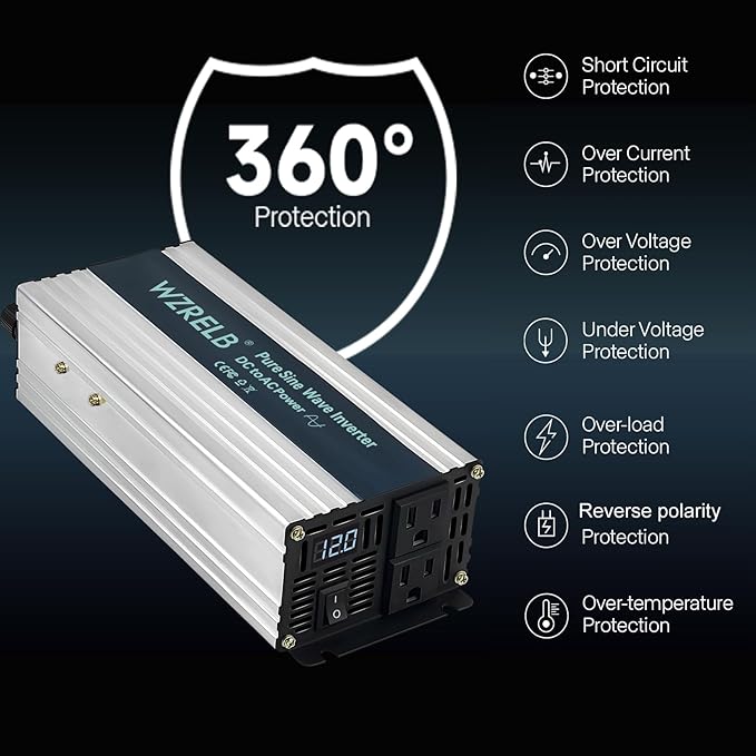 WZRELB 1000W Pure Sine Wave Inverter 12V DC to 110V 120V AC Power Converter