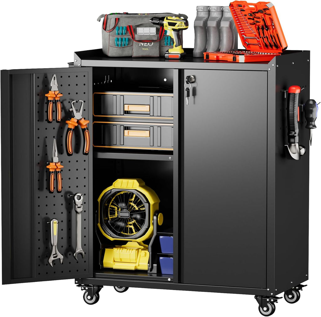 Reemoon 31.5" H Rolling Metal Storage Cabinet with 2 Doors & Pegboard,Black