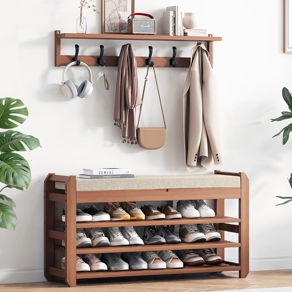39.4" Shoe Rack Bench with Coat Rack 3-Tier, Entryway Storage Bench