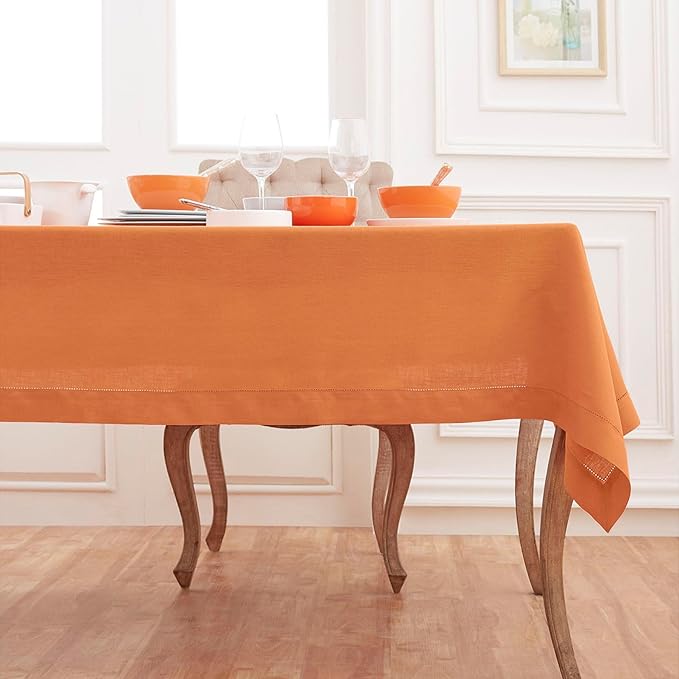 Solino Home Linen Tablecloth 60 x 156 Inch - Classic Hemstitch 100% Pure Linen Pumpkin Table Cloth for Rectangle Tables - Machine Washable Tablecloth for Fall, Autumn, Halloween, Thanksgiving