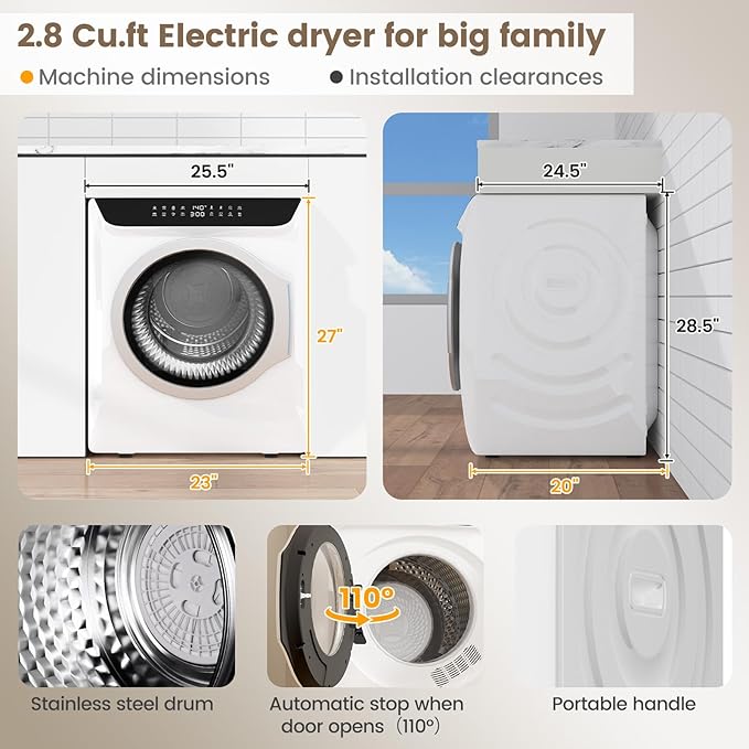 VCJ 2.8 cu.ft Portable Dryer, 1400W Electric Clothes Dryer