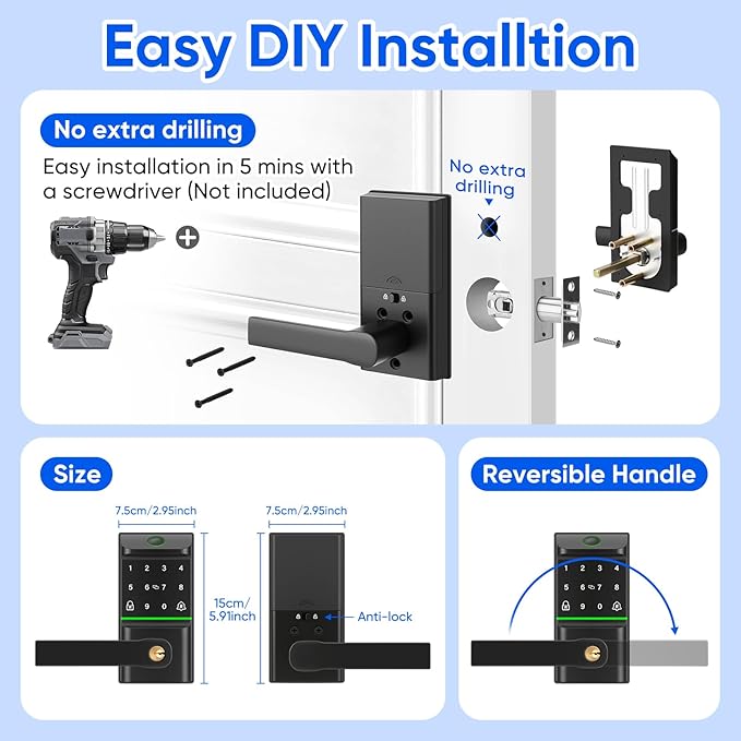 Keypad Smart Door Lock with Handle, Keyless Entry Deadbolt
