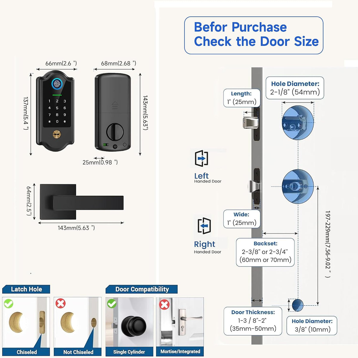 smart fingerprint door lock with keypad and handle, package contents