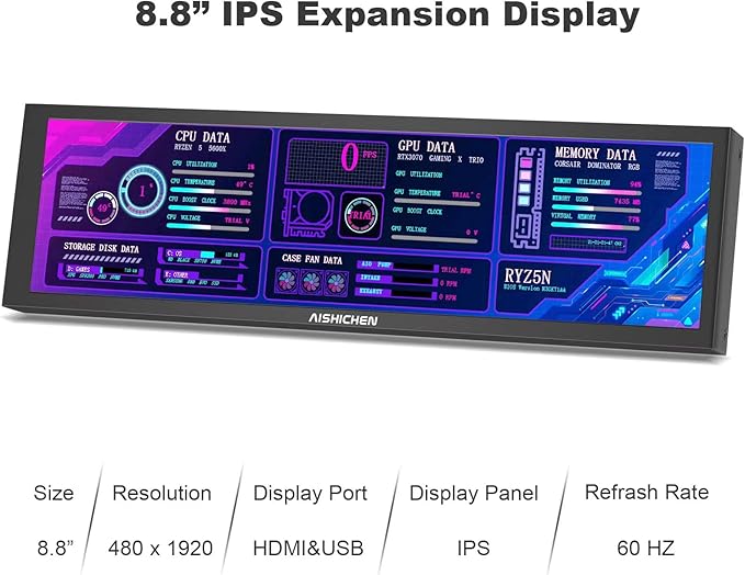 8.8 Inch PC Temperature Display, PC Sensor Panel Display, Computer Temp Monitor
