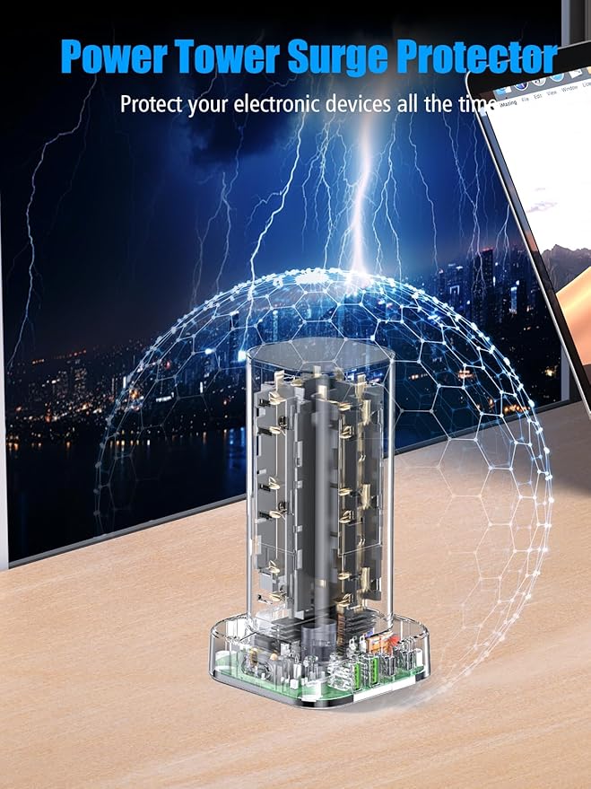 Tower Power Strip with 15W Wireless Charger, 10FT Flat Plug Extension Cord with