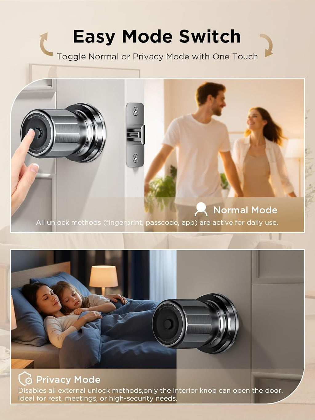 TCL K1 Fingerprint Smart Door Knob, 0.3s Biometric Keyless Entry, 4-in-1 Access with App Control & Passcode, Auto-Lock, Anti-Peep Keypad, 100 Fingerprints, for Bedroom Apartment Airbnb
