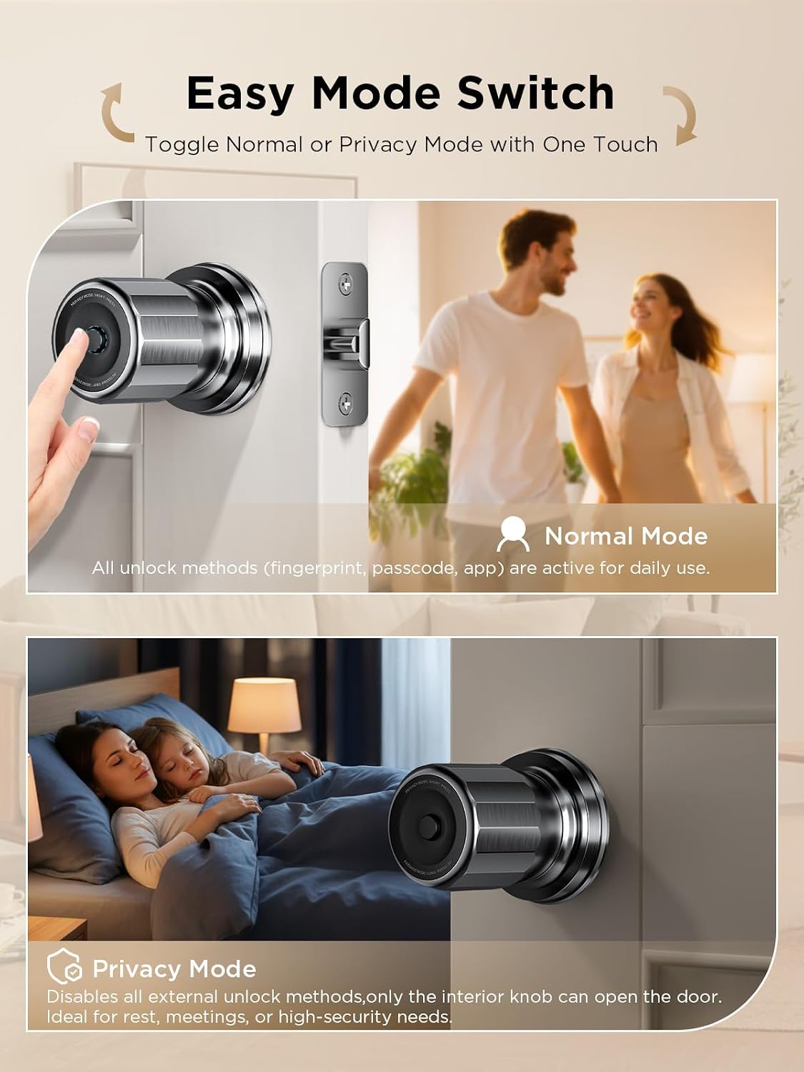 TCL K1 Fingerprint Smart Door Knob, 0.3s Biometric Keyless Entry, 4-in-1 Access with App Control & Passcode, Auto-Lock, Anti-Peep Keypad, 100 Fingerprints, for Bedroom Apartment Airbnb