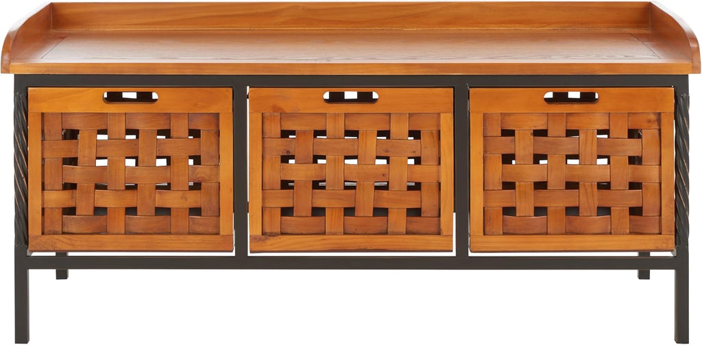 SAFAVIEH Home Collection – Isaac Oak Wooden Storage Bench with Drawers, Entryway & Mudroom Seating, Iron Frame Design, Fully Assembled (AMH6530A)