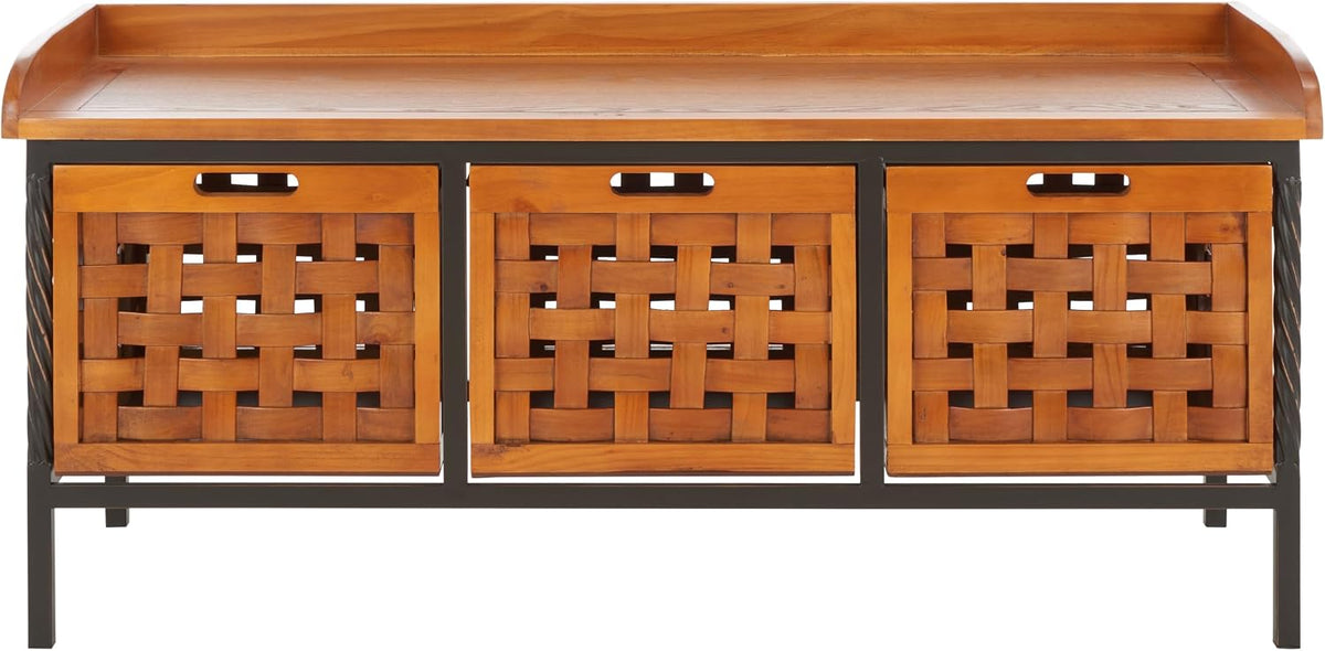 SAFAVIEH Home Collection – Isaac Oak Wooden Storage Bench with Drawers, Entryway & Mudroom Seating, Iron Frame Design, Fully Assembled (AMH6530A)