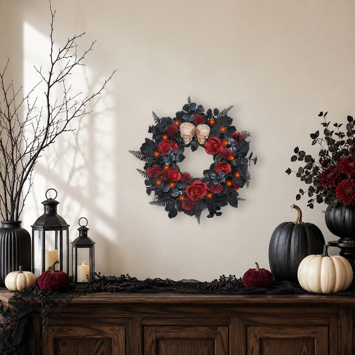 22 Inch Lighted Halloween Wreath with 40 Orange LEDs and 2 Skulls