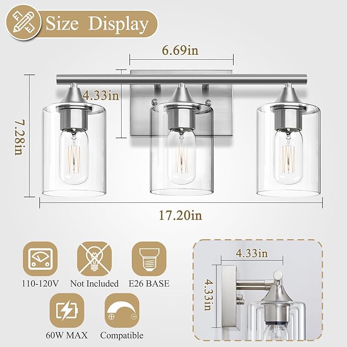 XPEHK 3-Light Bathroom Light Fixtures, Brushed Nickel Vanity Light, Modern